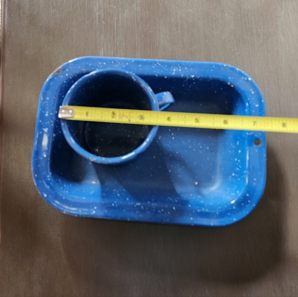 Vintage Blue Enamelware Small Baking Pan and Cup Camping - Picture 5 of 9